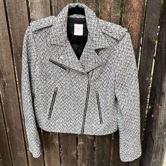 Gap Wm’s Wool Blend Herringbone Moto Zip Up Jacket In White Gray Black Sz M - Picture 10 of 16